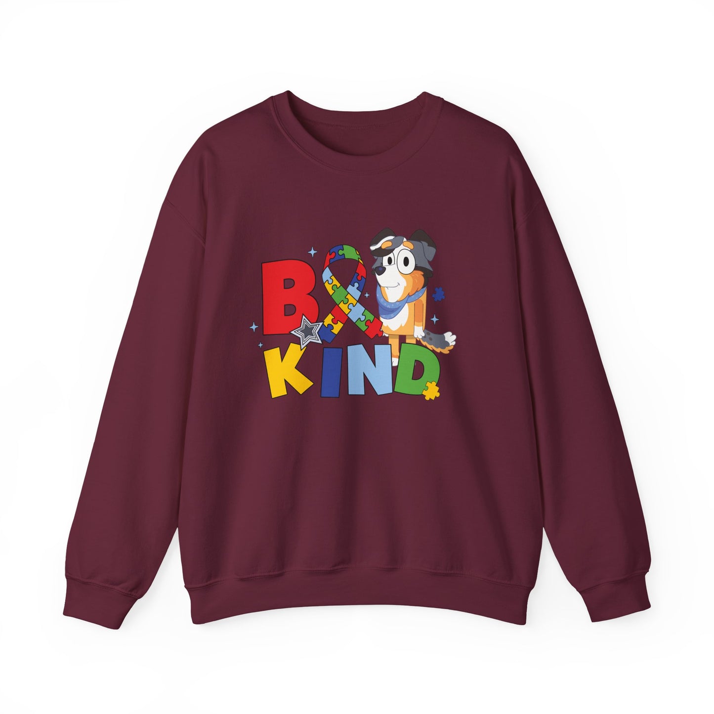 Be Kind Crewneck Sweatshirt — Autism Awareness Puzzle Ribbon Dog Design