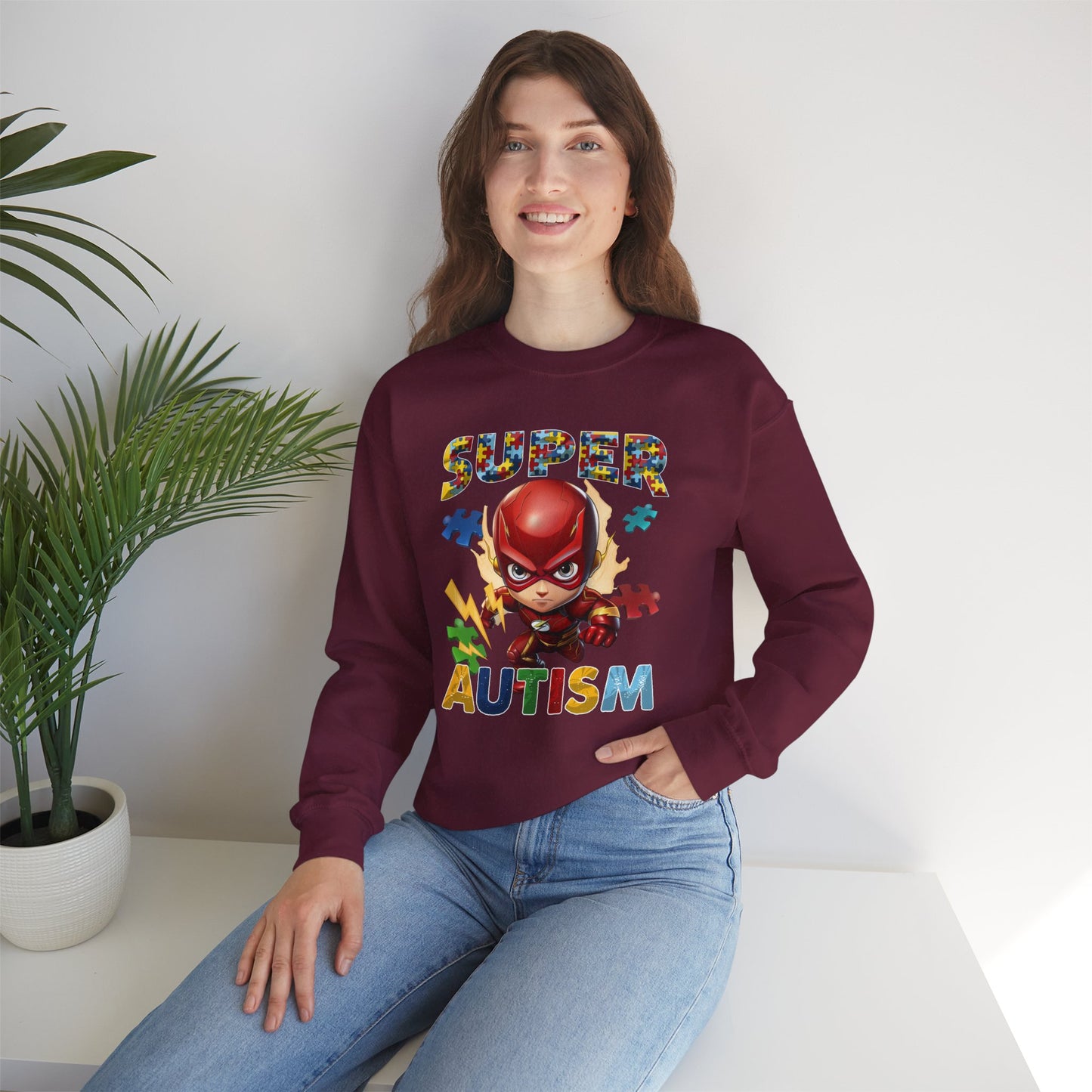 Autism Superhero Sweatshirt — Colorful Puzzle Piece Awareness Crewneck