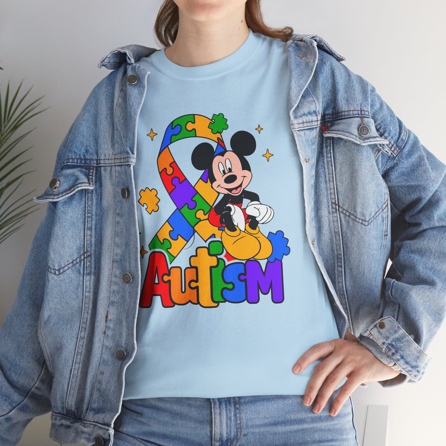 Autism Awareness Tee — Colorful Puzzle Ribbon & Cartoon Mouse Design