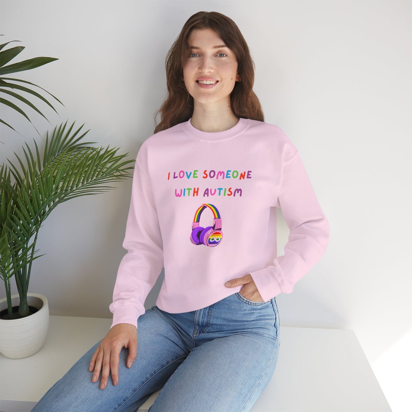 Autism Support Crewneck Sweatshirt — "I Love Someone With Autism" Rainbow Headphones
