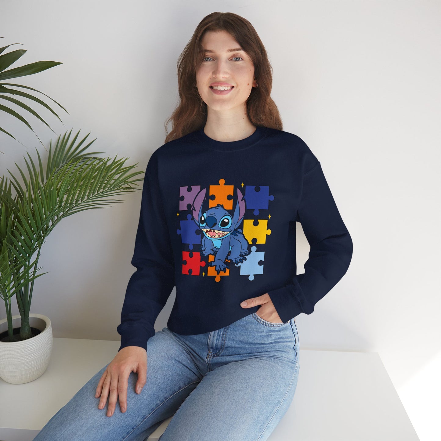 Stitch Puzzle Crewneck Sweatshirt — Cute Blue Alien on Colorful Jigsaw Design
