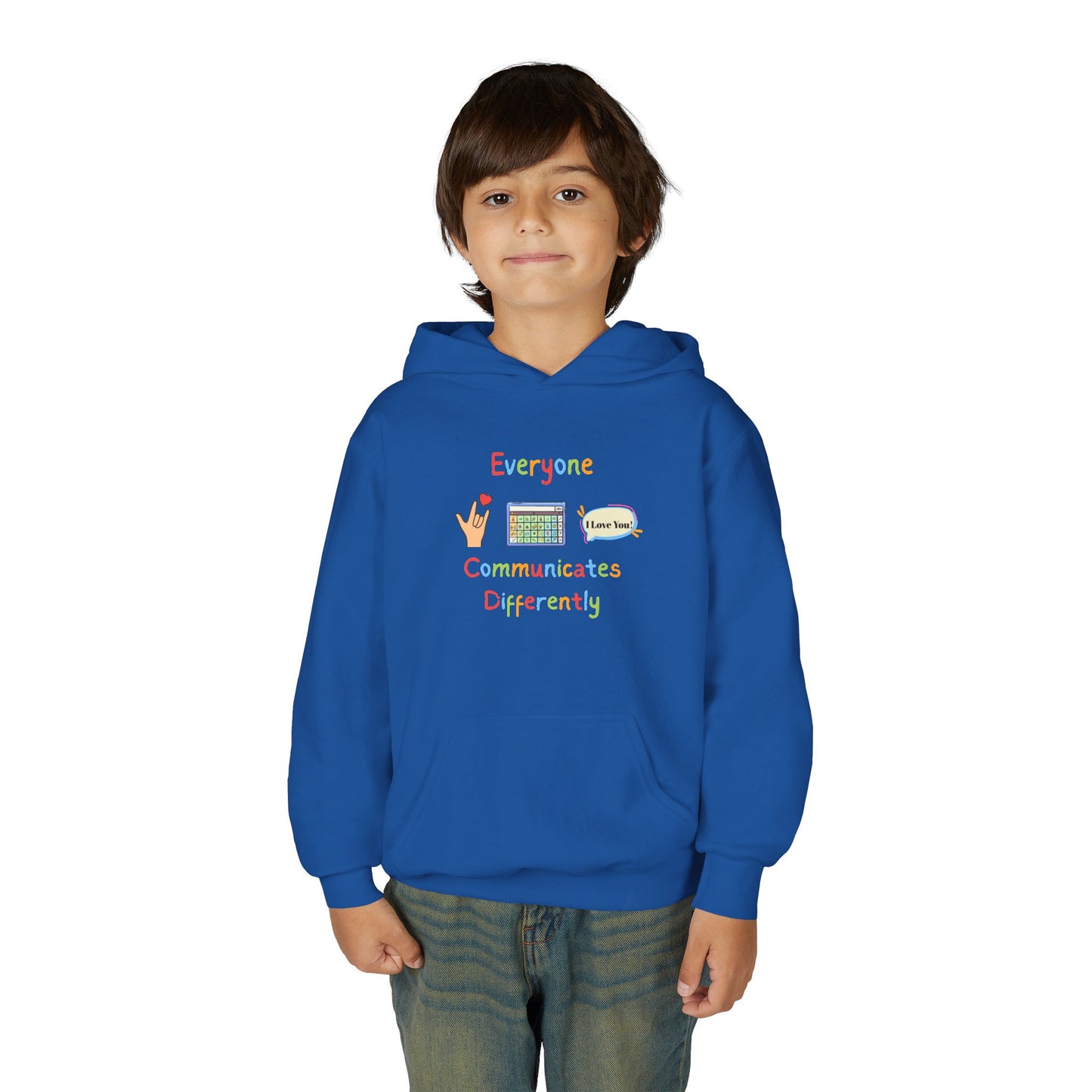 Youth Hoodie — "Everyone Communicates Differently" AAC Awareness Hoodie