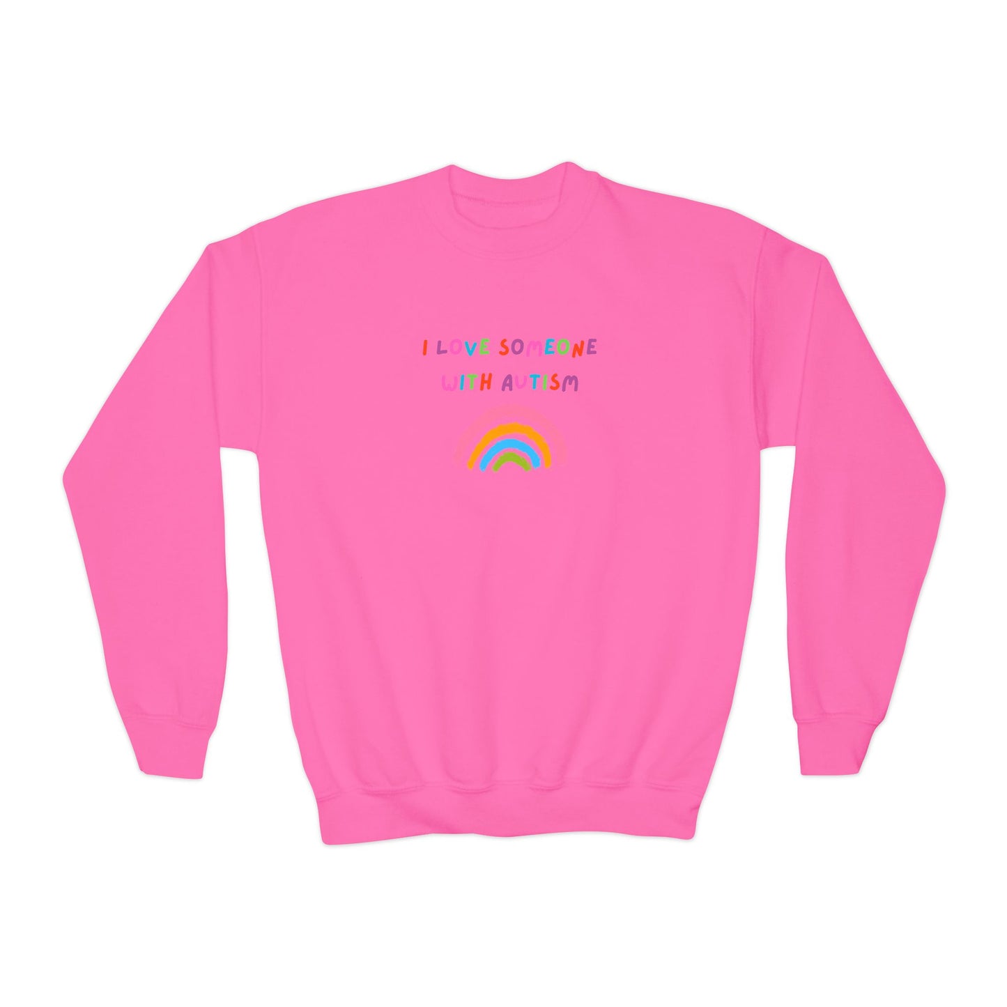 Youth Crewneck Sweatshirt — "I Love Someone With Autism" Rainbow Awareness Pullover