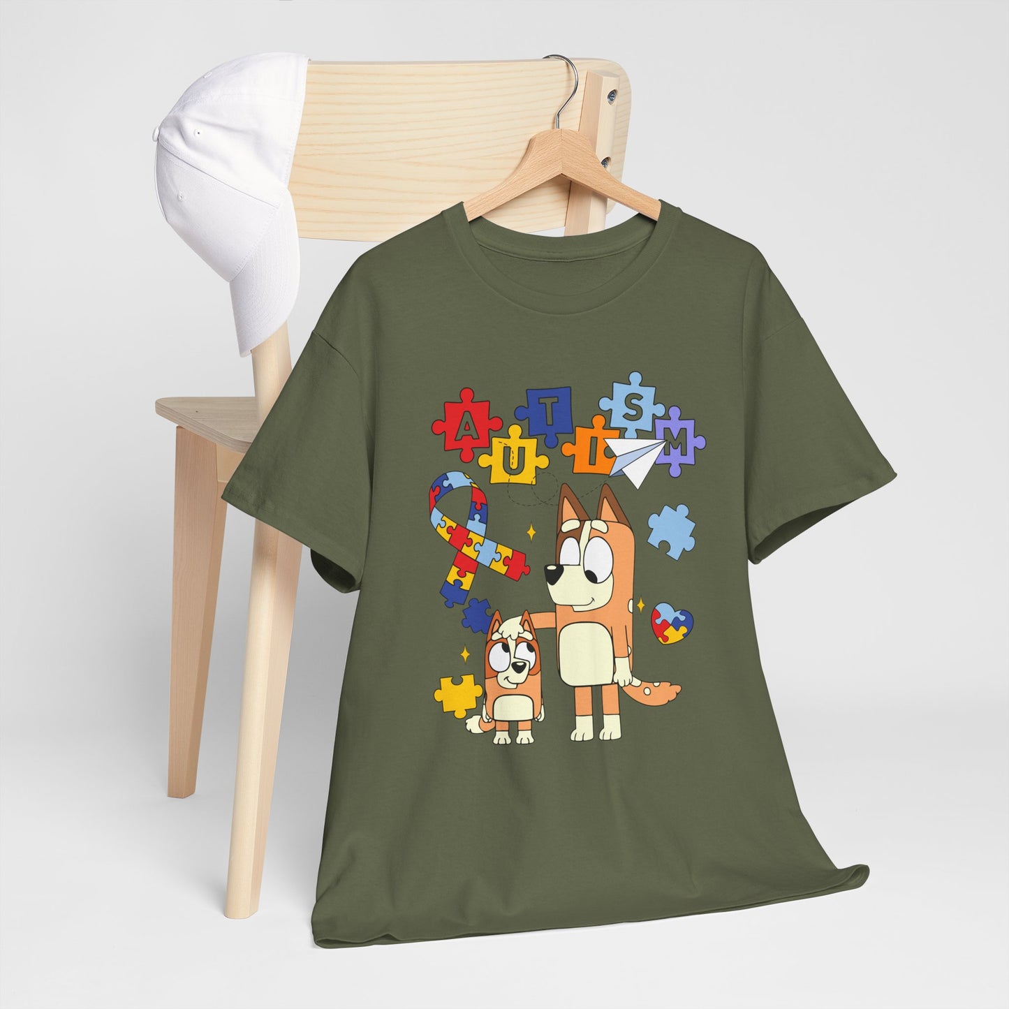 Autism Awareness Puzzle Ribbon Tee — Cute Red Dog Family Design