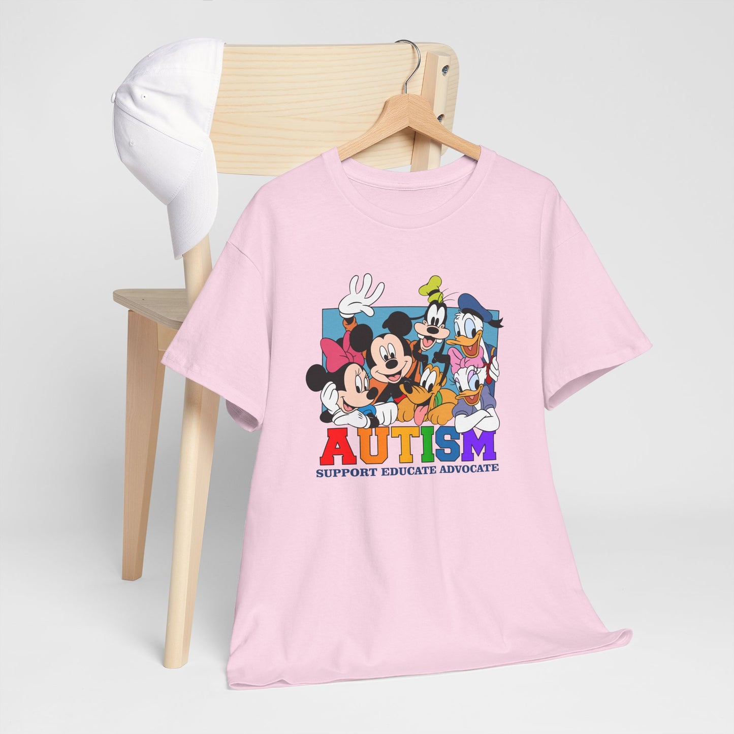 Autism Awareness T-Shirt — "AUTISM: Support Educate Advocate" with Cartoon Characters