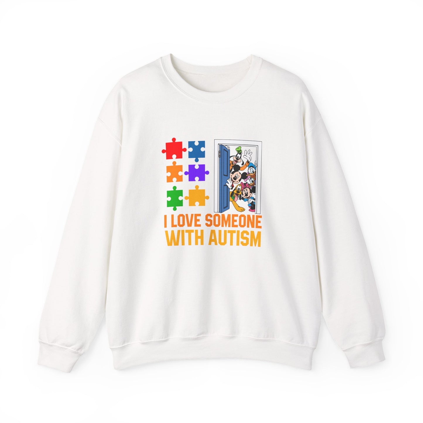 Autism Awareness Crewneck Sweatshirt — "I Love Someone With Autism" Puzzle Heart Design