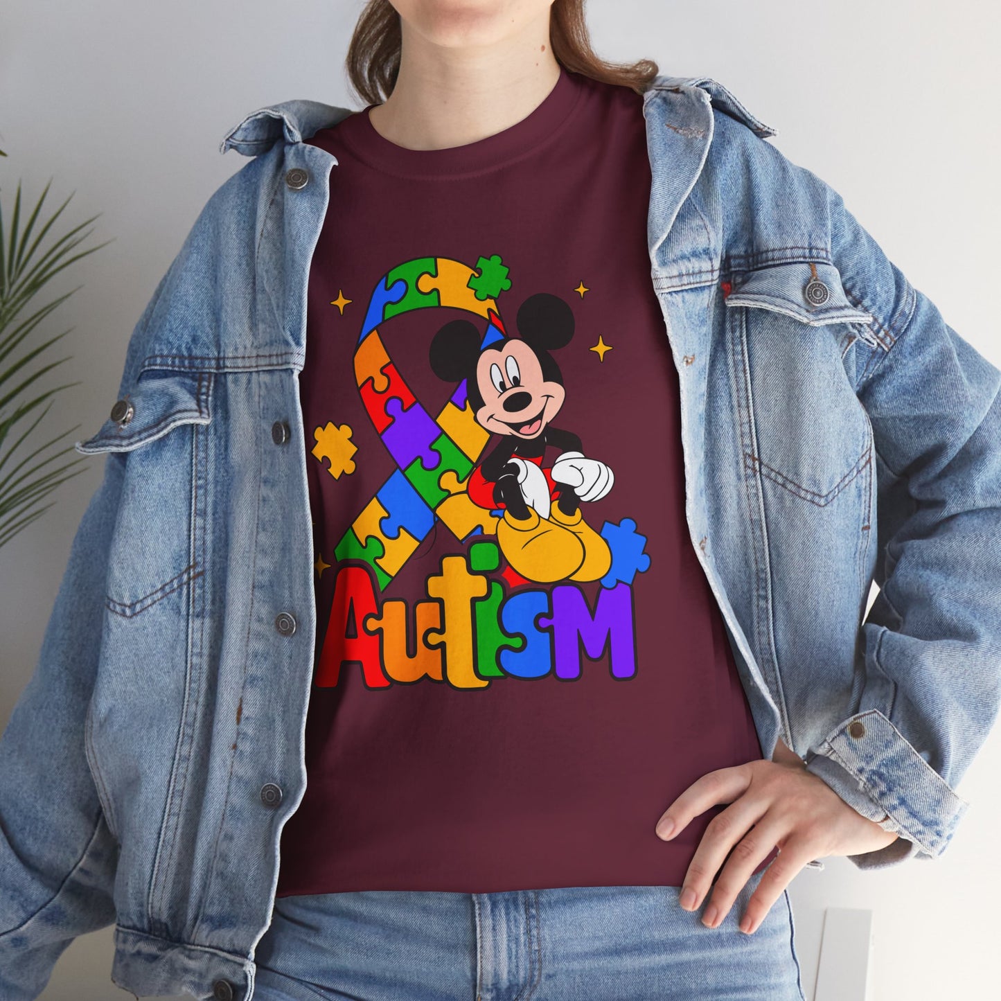 Autism Awareness Tee — Colorful Puzzle Ribbon & Cartoon Mouse Design