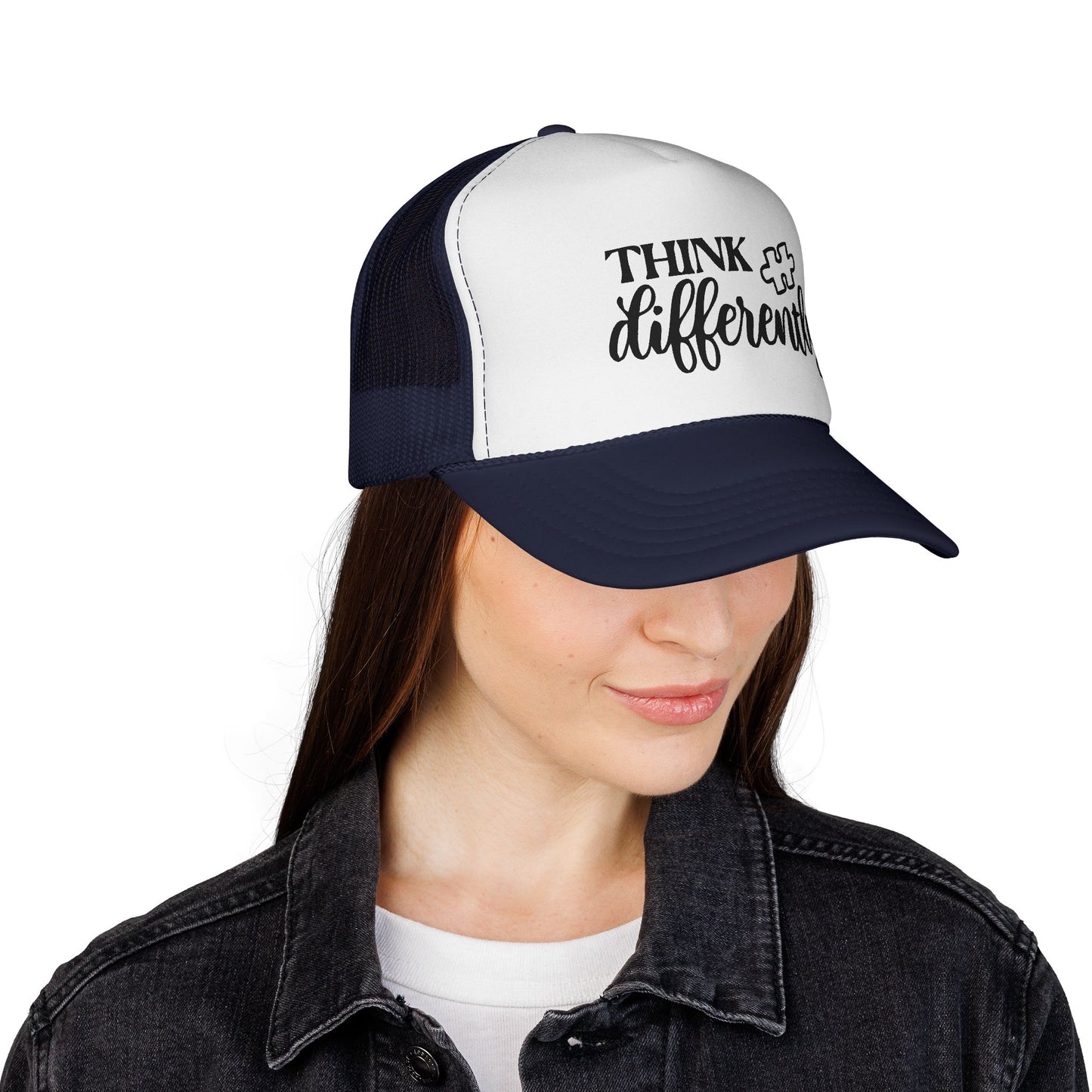 Think Differently Trucker Hat — Inspirational Puzzle Piece Cap
