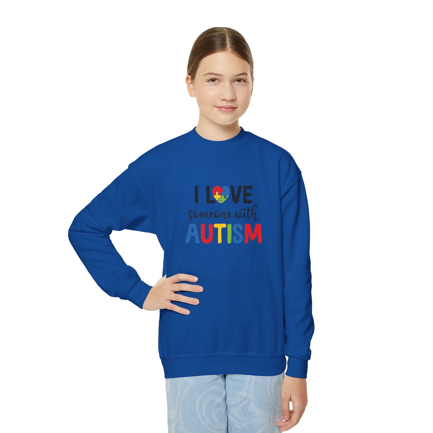 Autism Awareness Youth Crewneck Sweatshirt - I Love Someone with Autism