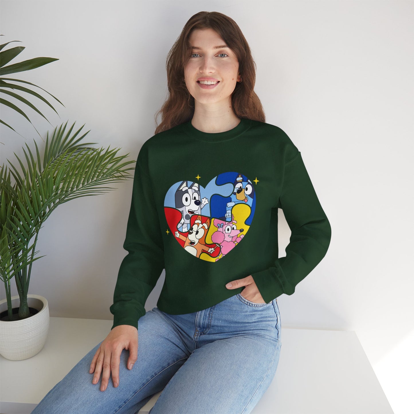 Cartoon Heart Crewneck Sweatshirt — Cute Colorful Character Patch Design