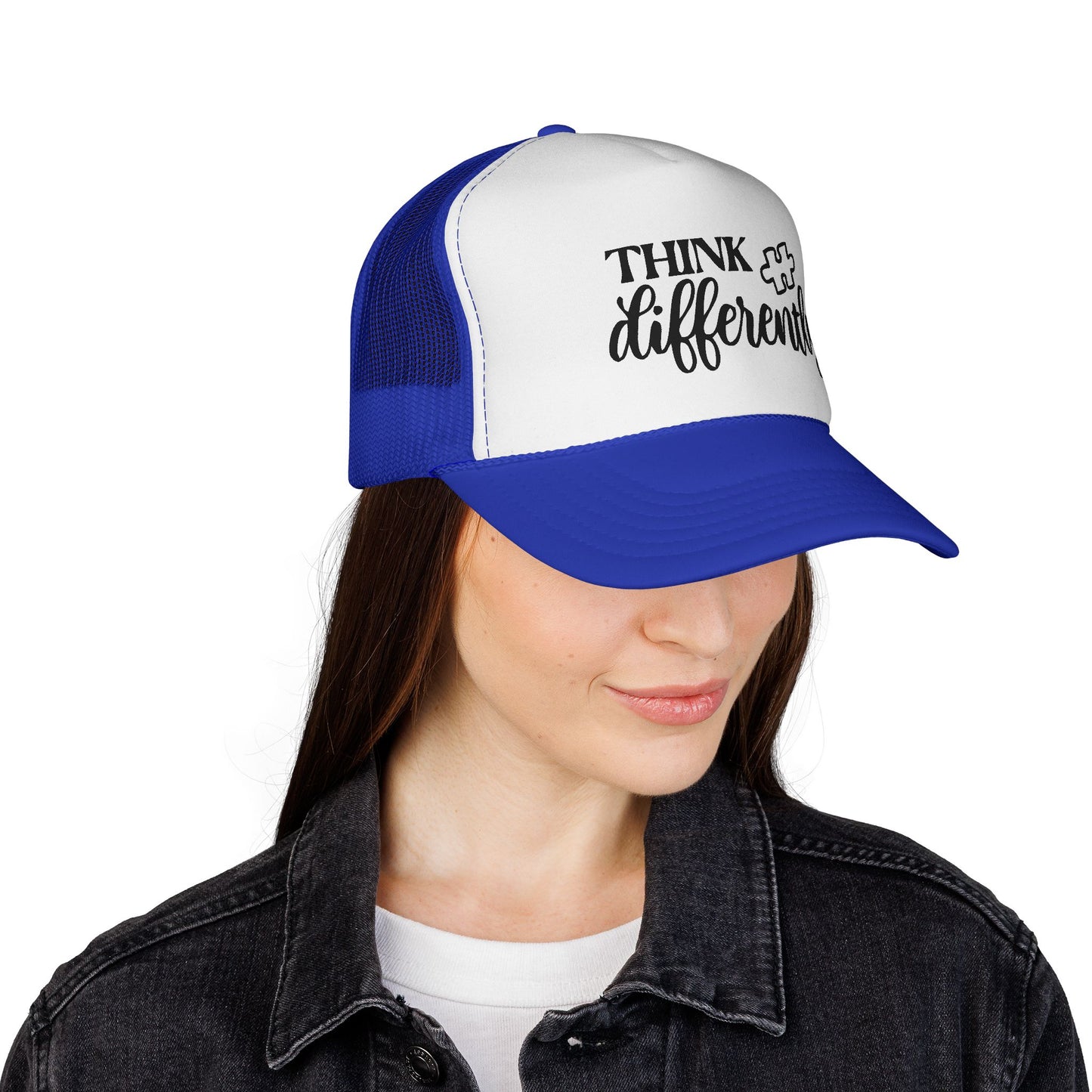 Think Differently Trucker Hat — Inspirational Puzzle Piece Cap