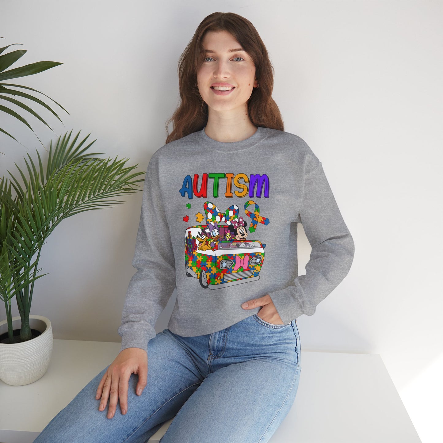 Autism Awareness Crewneck Sweatshirt — Colorful Puzzle Van Design