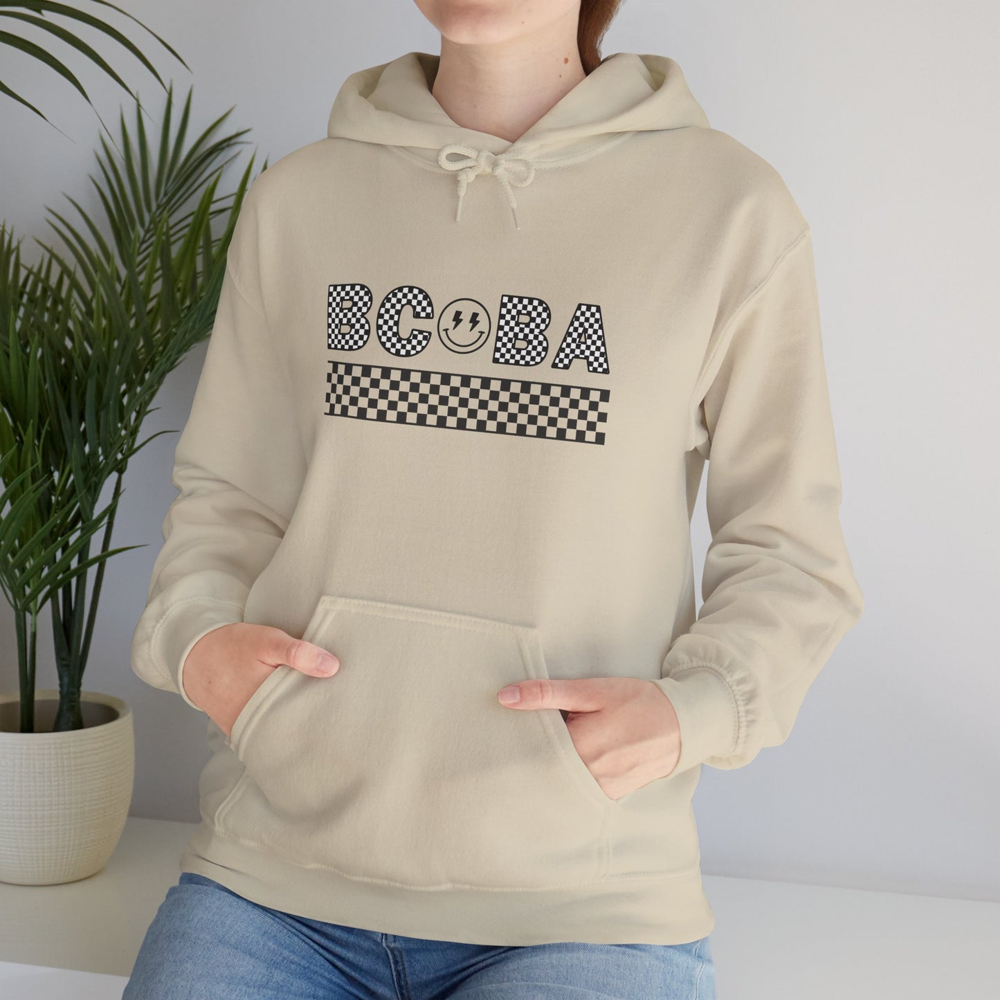 BCBA Smile Checkerboard Hoodie — Cute Bubble Tea Graphic Sweatshirt