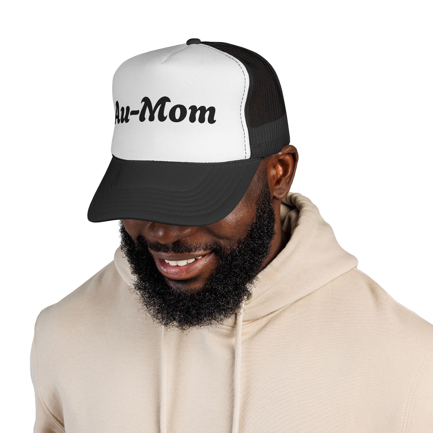Au-Mom Trucker Cap — Cute Script Mom Hat for Au Pair & Nanny Gifts