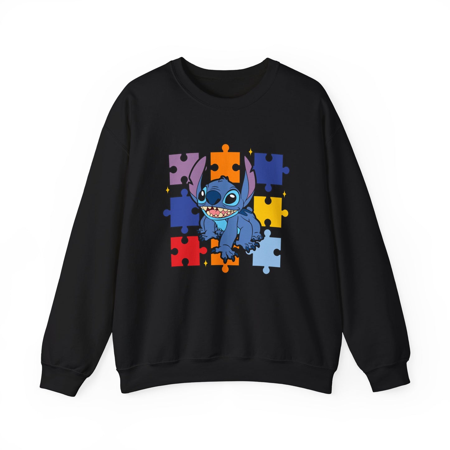 Stitch Puzzle Crewneck Sweatshirt — Cute Blue Alien on Colorful Jigsaw Design
