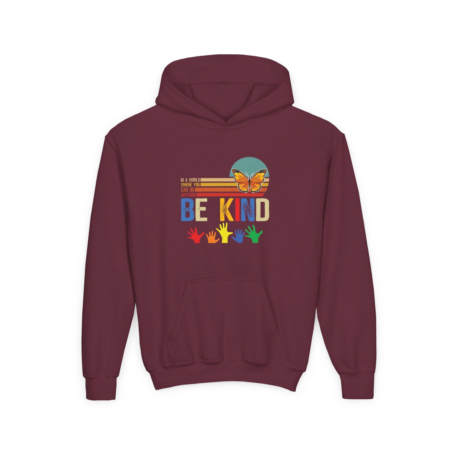 Be Kind Youth Hoodie - Colorful Butterfly & Handprint Design