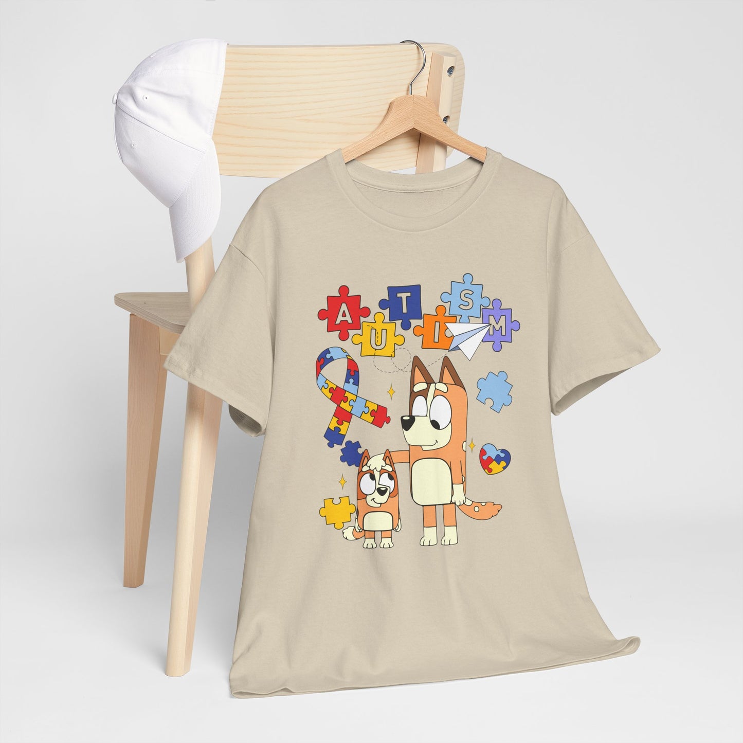 Autism Awareness Puzzle Ribbon Tee — Cute Red Dog Family Design