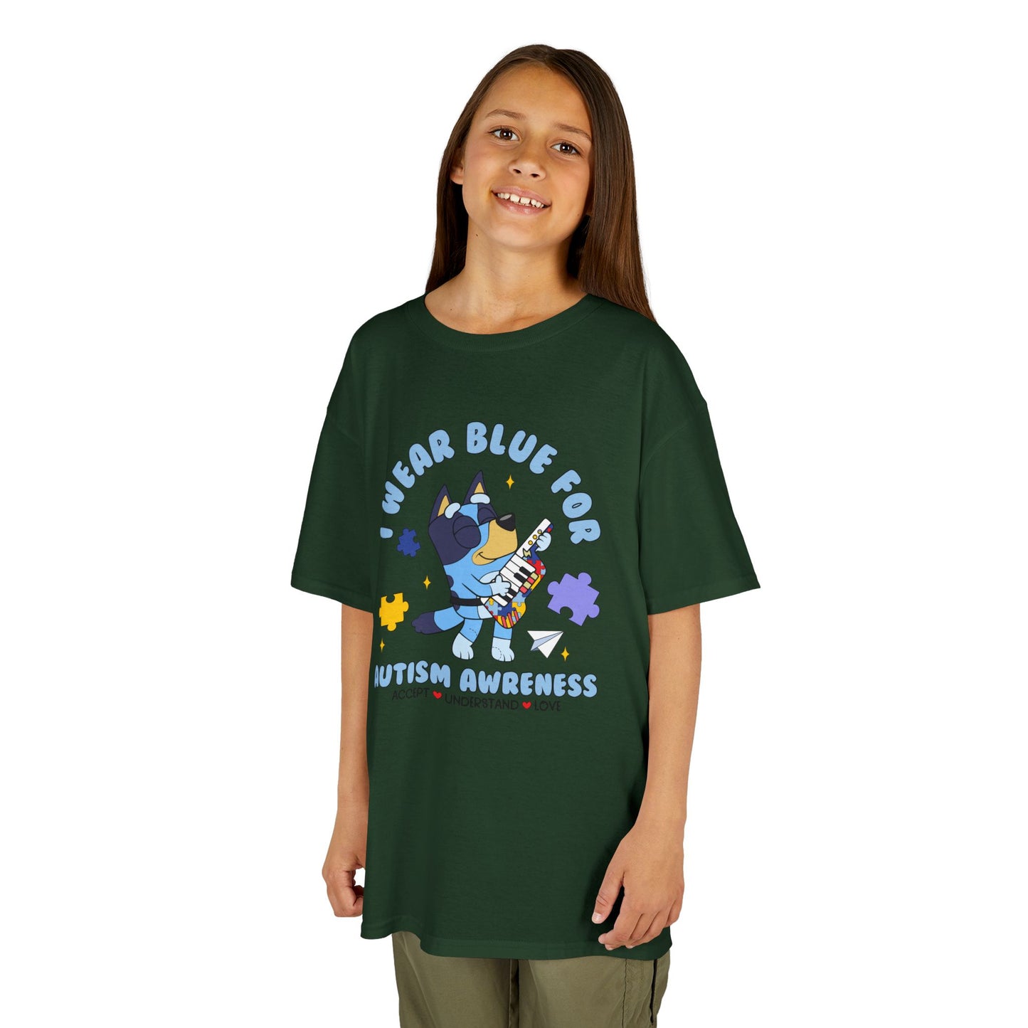 Kids Tee — 'I Wear Blue for Autism Awareness' Cute Puzzle-Heart Design