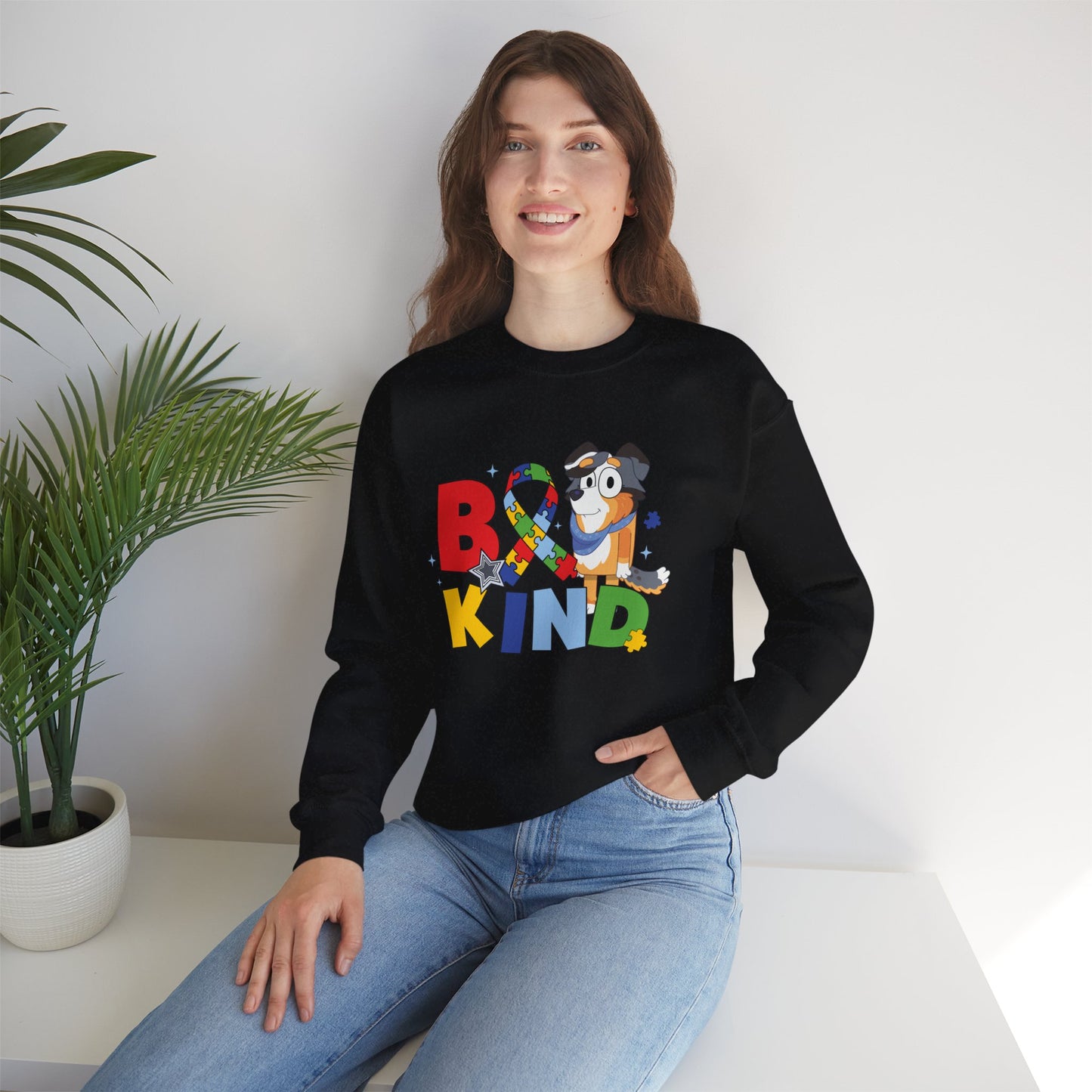 Be Kind Crewneck Sweatshirt — Autism Awareness Puzzle Ribbon Dog Design