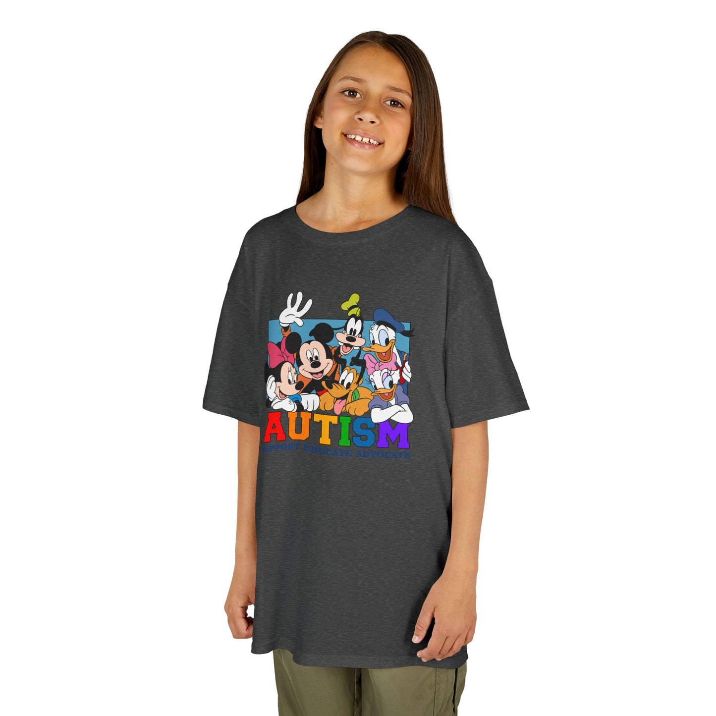 Kids Autism Awareness T-Shirt — Support, Educate, Advocate (Rainbow Letters)