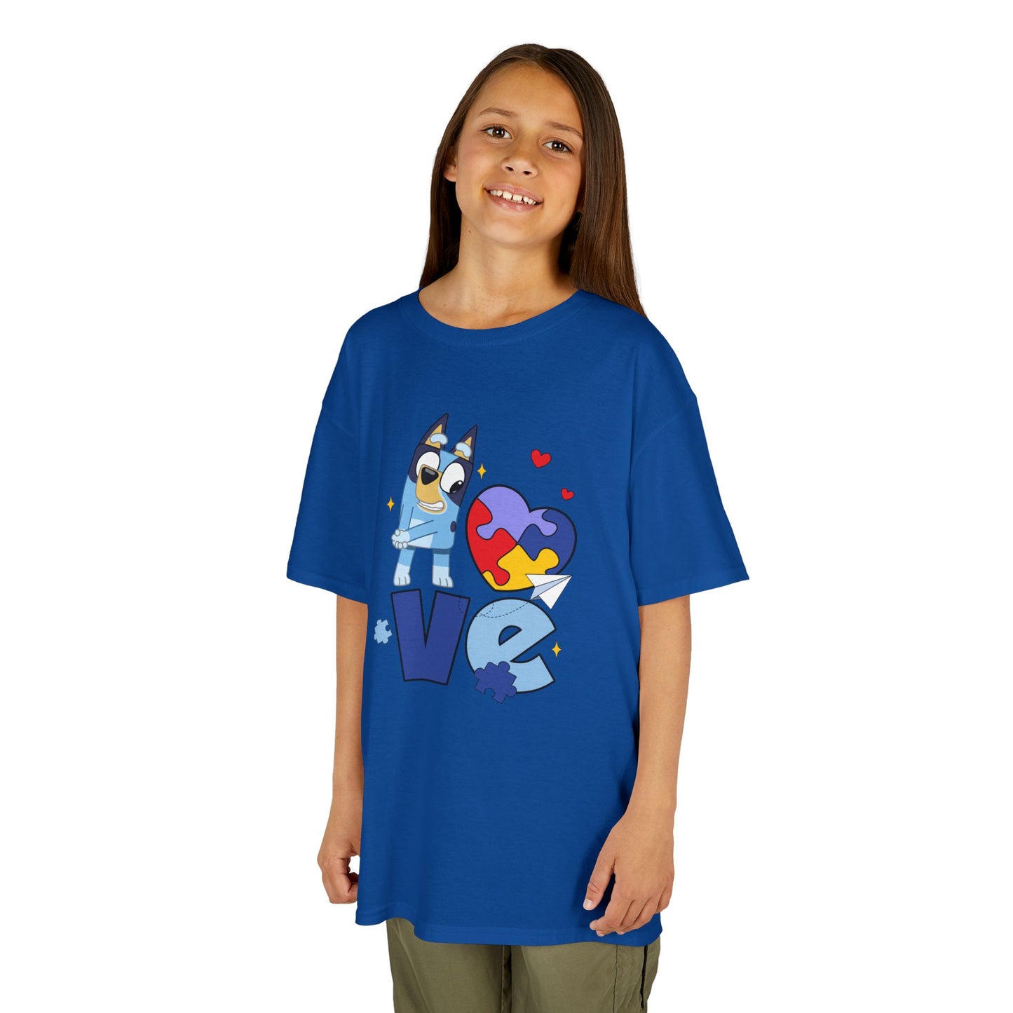 Kids Tee — 'LOVE' Puzzle Heart & Cartoon Character Autism Awareness Shirt