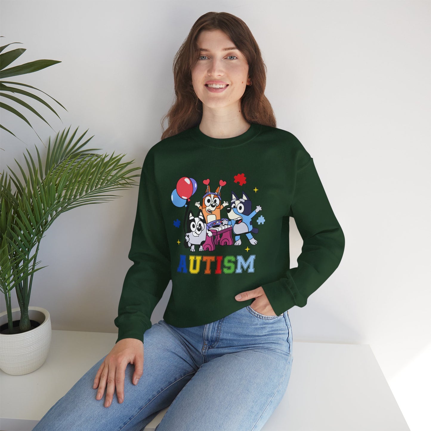 Autism Support Crewneck Sweatshirt — Colorful Bluey-Style Characters & 'AUTISM' Design