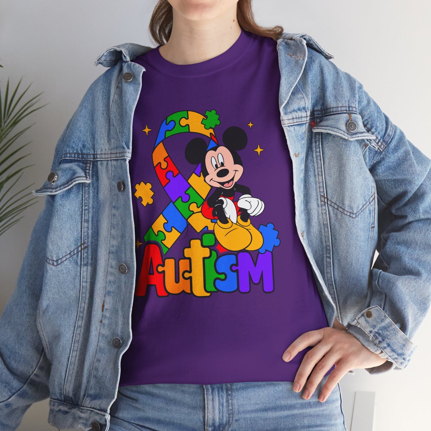 Autism Awareness Tee — Colorful Puzzle Ribbon & Cartoon Mouse Design