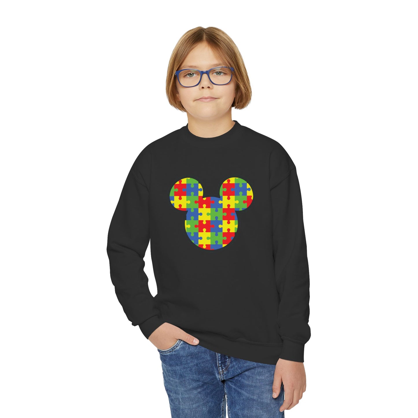 Puzzle Mickey Youth Crewneck Sweatshirt - Colorful Autism Awareness Design
