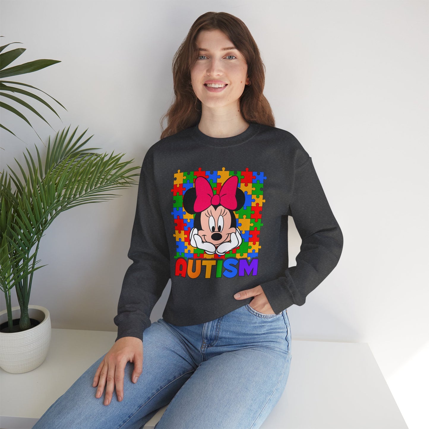 Autism Awareness Sweatshirt — Rainbow Puzzle Heart Character Design