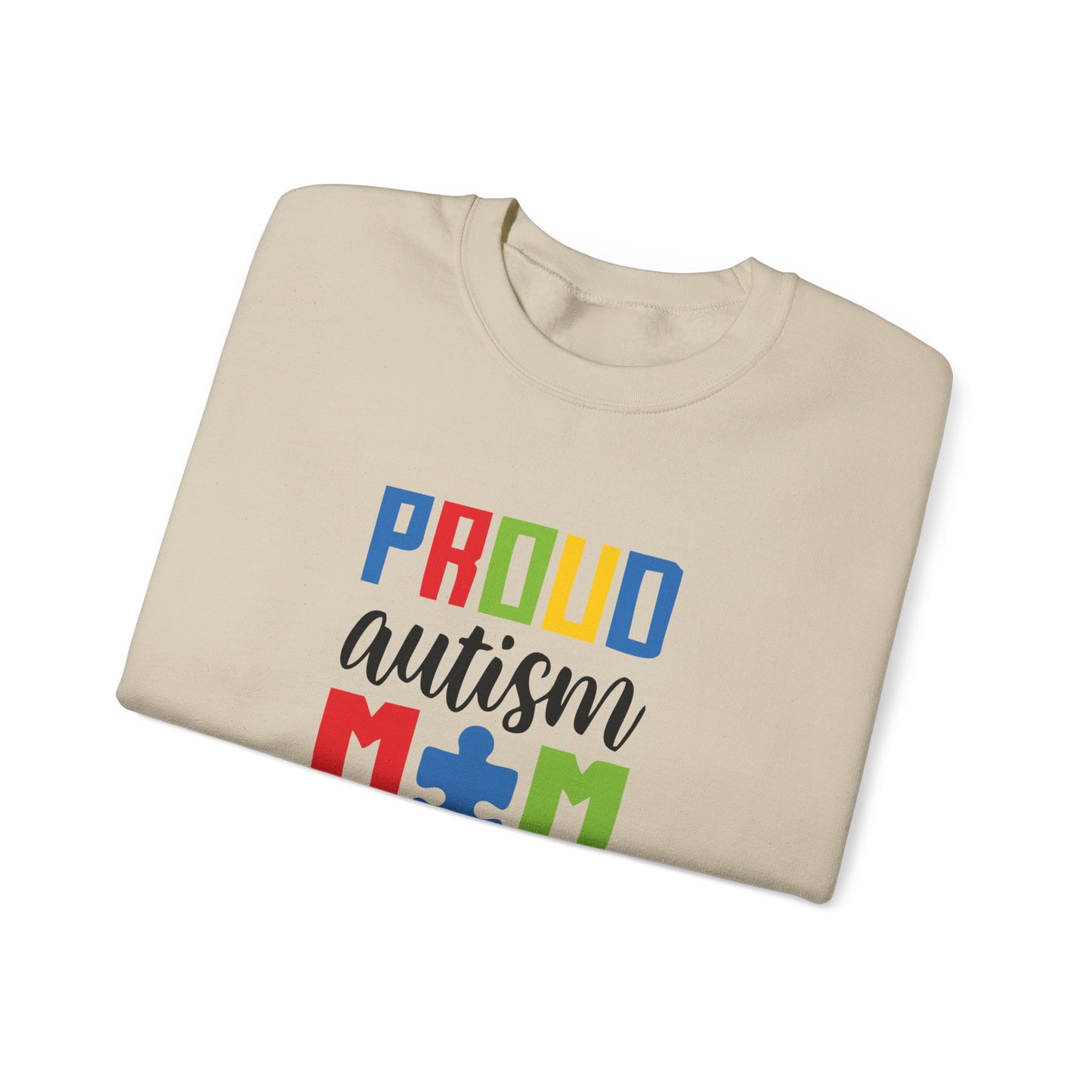 Crewneck Sweatshirt — "Proud Autism Mom" Colorful Puzzle Piece Design