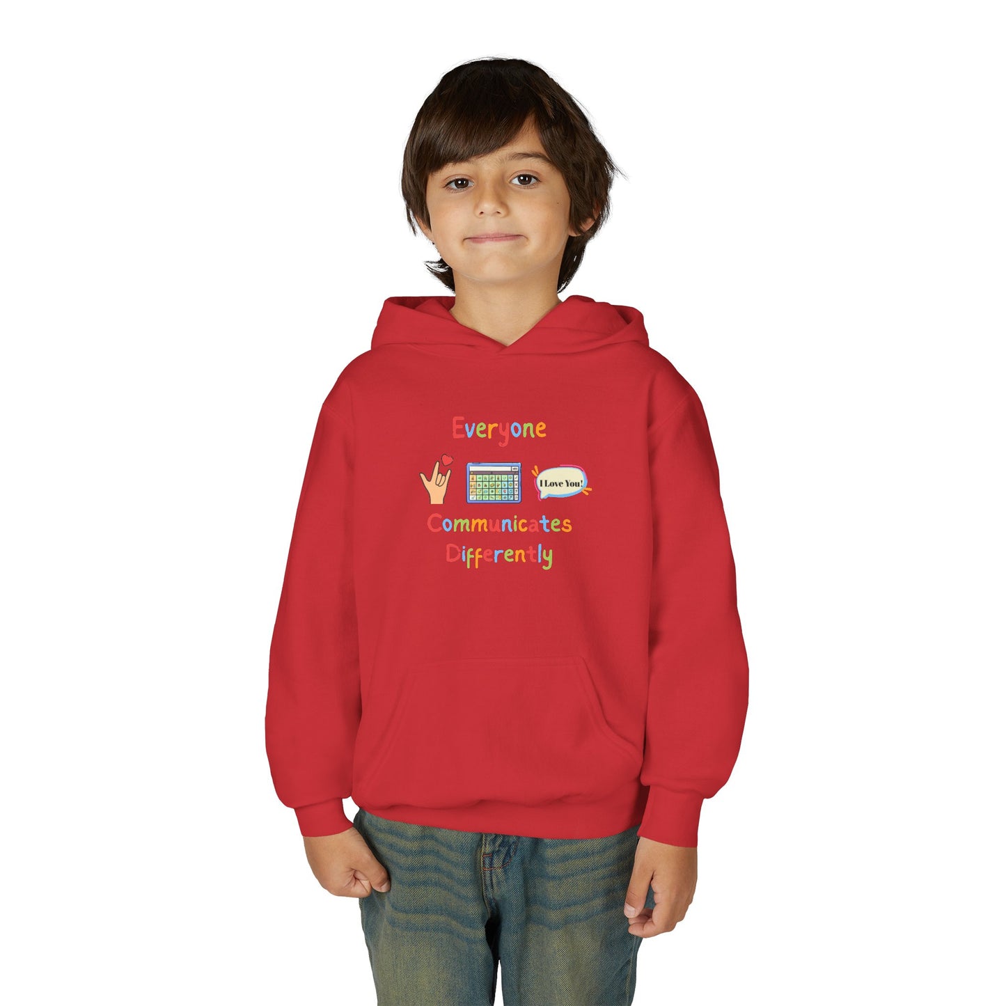 Youth Hoodie — "Everyone Communicates Differently" AAC Awareness Hoodie