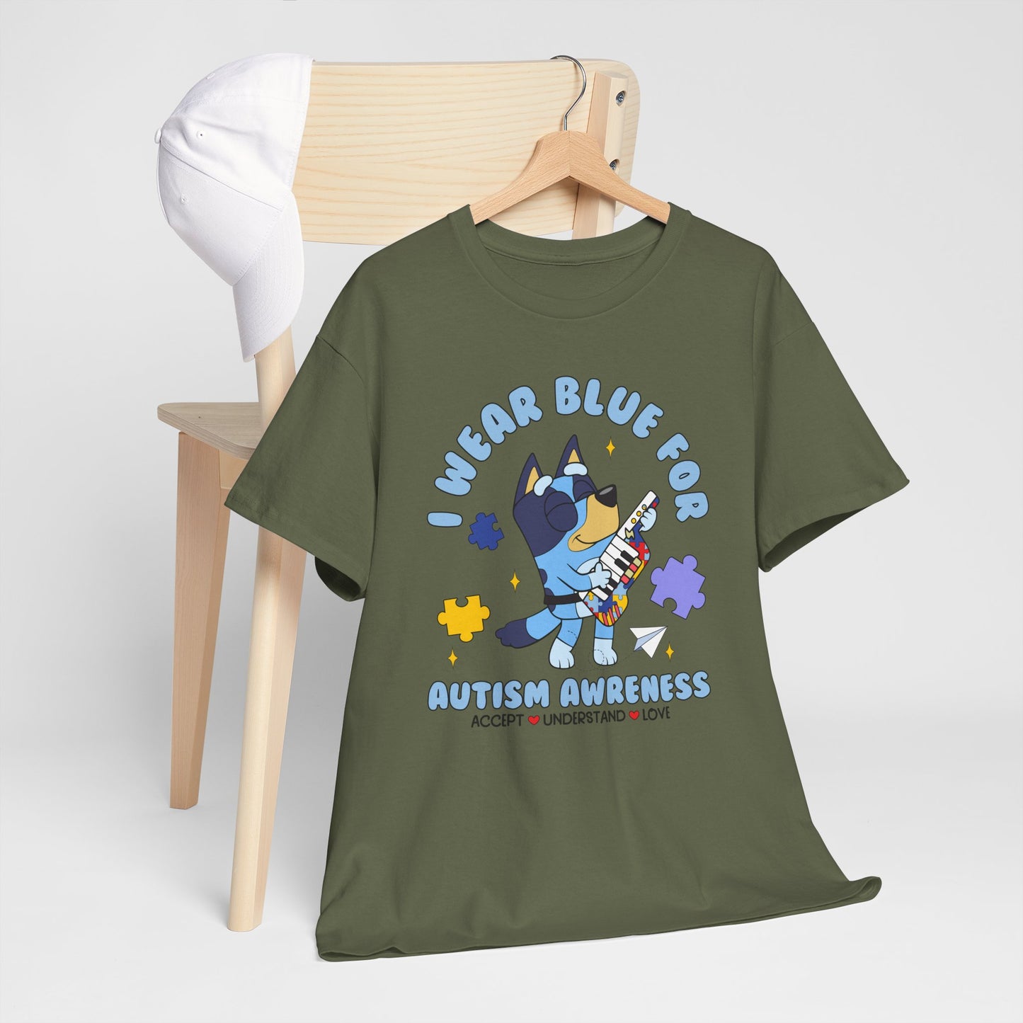 Autism Awareness T-Shirt — "I Wear Blue For" Cute Cat Puzzle Design