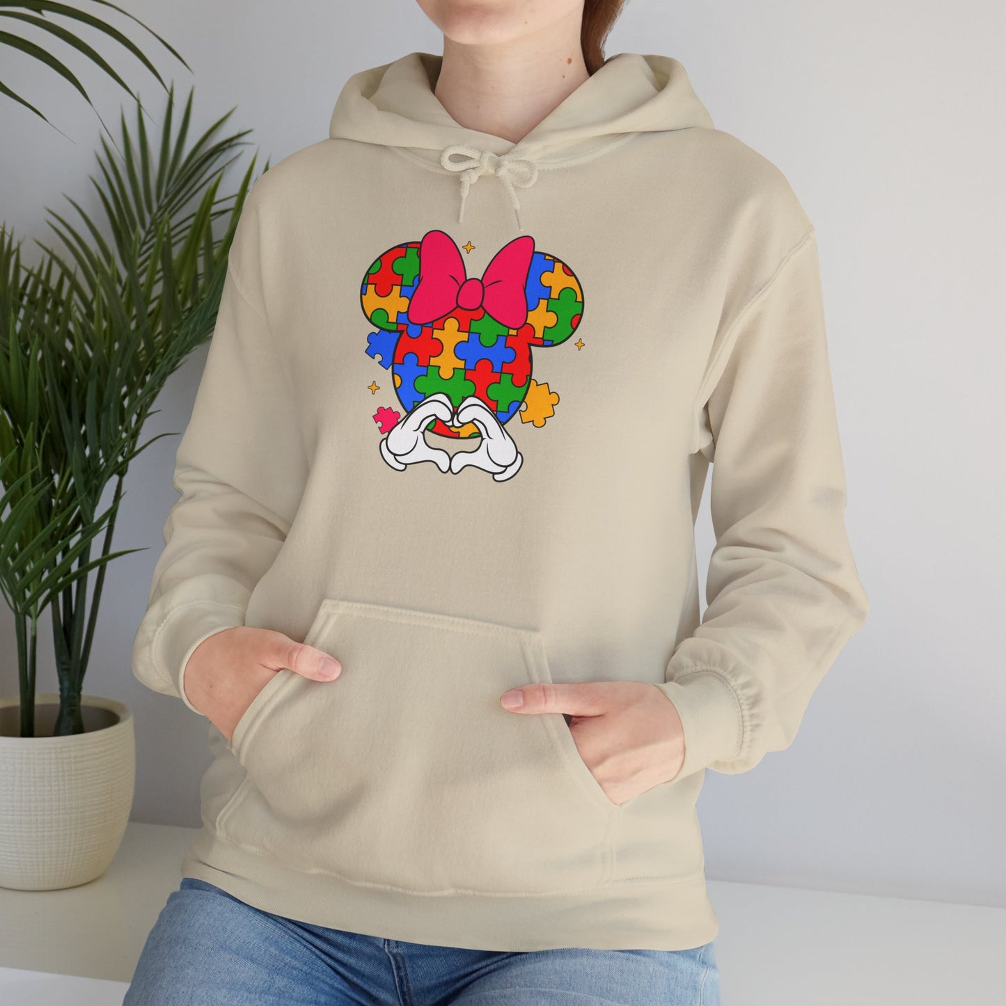 Autism Awareness Puzzle Minnie Hoodie – Colorful Puzzle-Heart Minnie Mouse Design