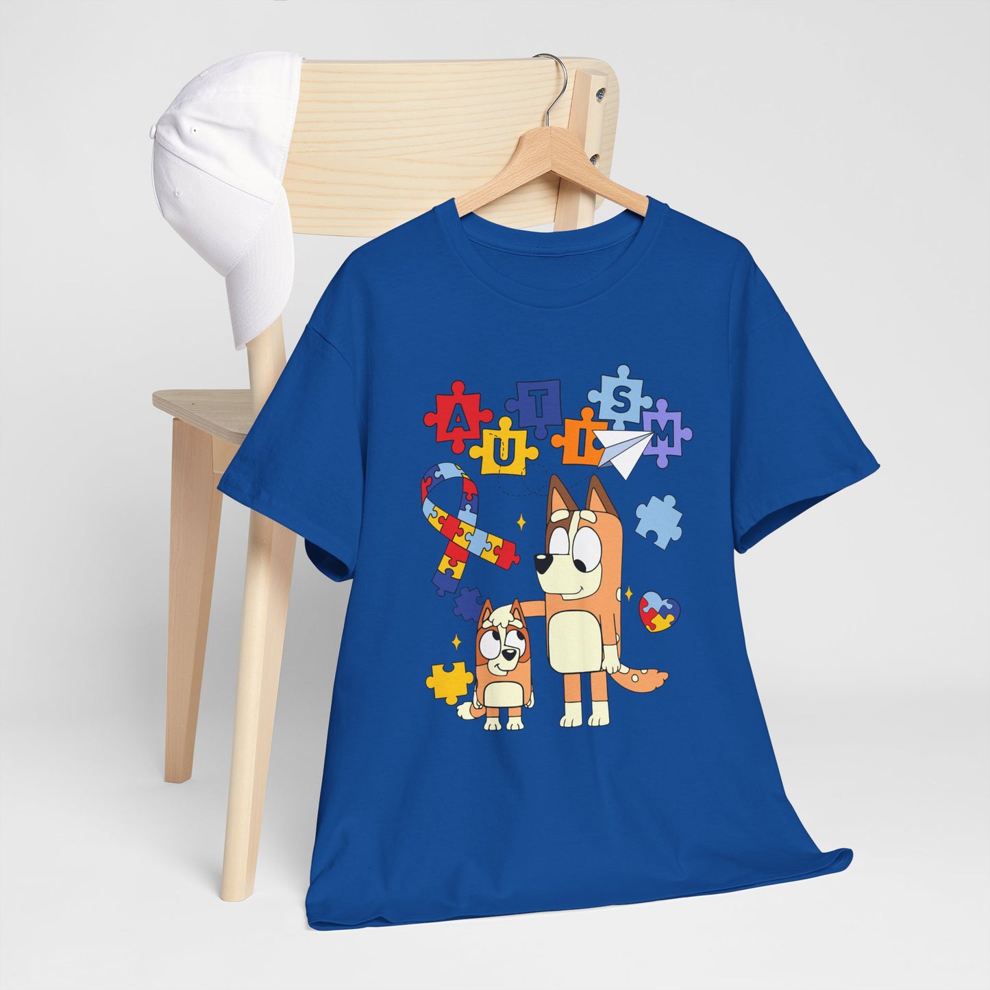 Autism Awareness Puzzle Ribbon Tee — Cute Red Dog Family Design