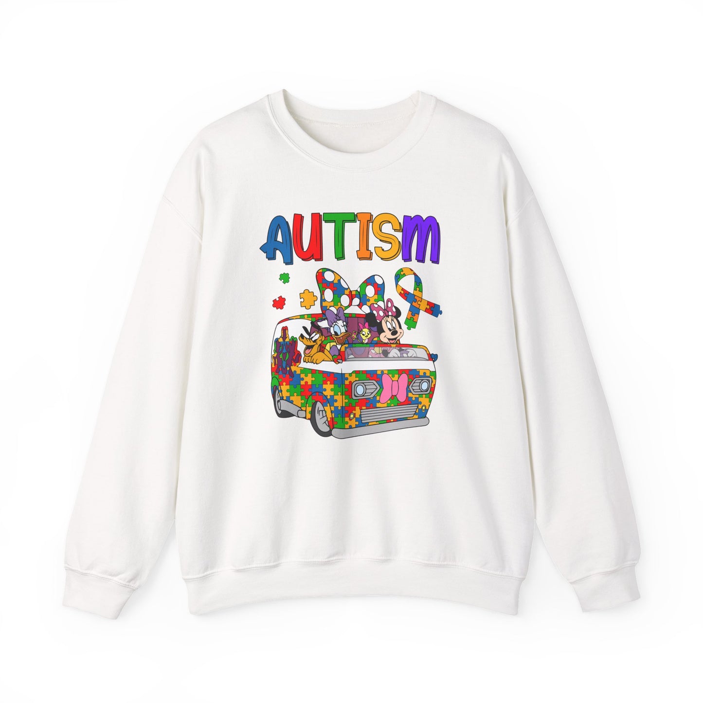 Autism Awareness Crewneck Sweatshirt — Colorful Puzzle Van Design