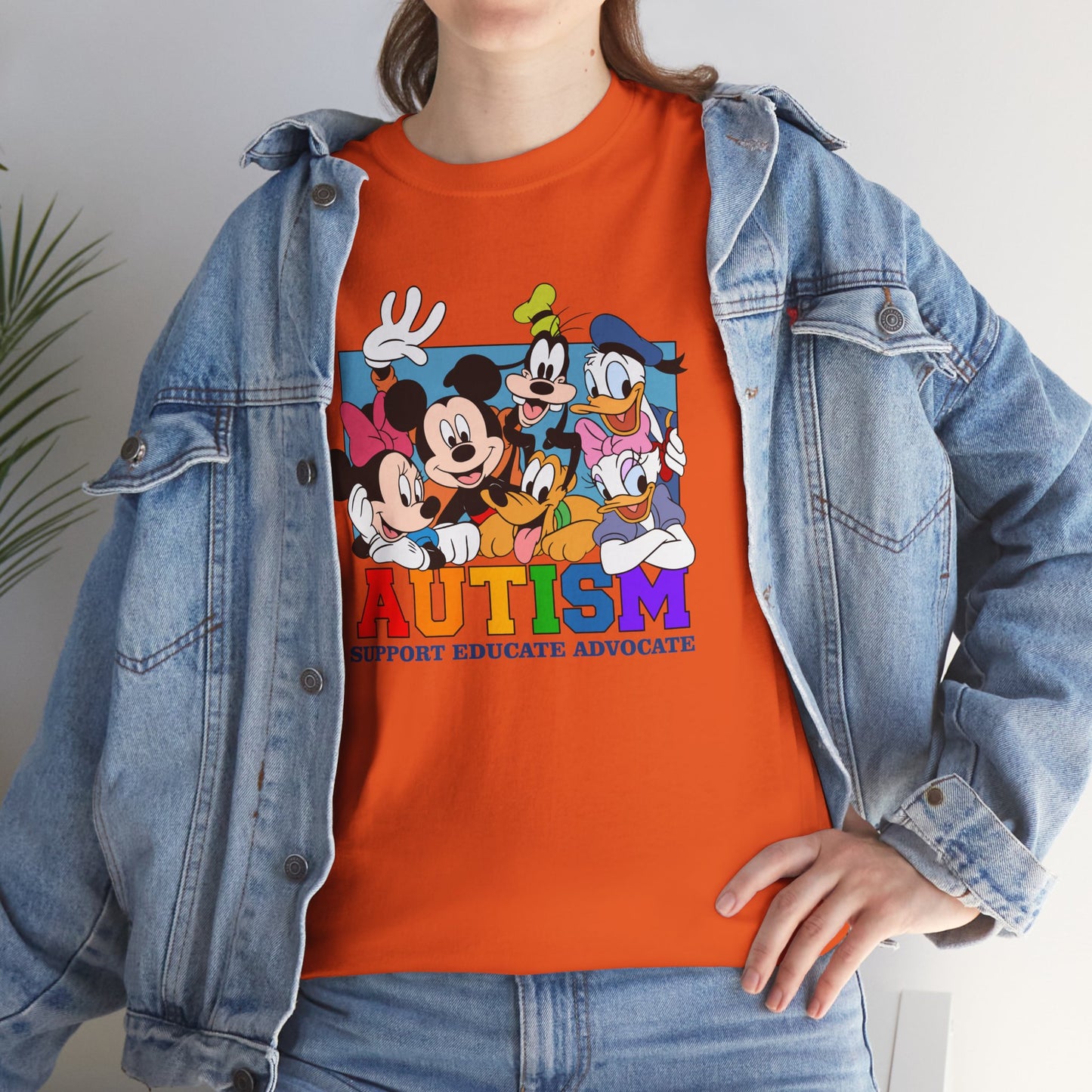 Autism Awareness T-Shirt — "AUTISM: Support Educate Advocate" with Cartoon Characters