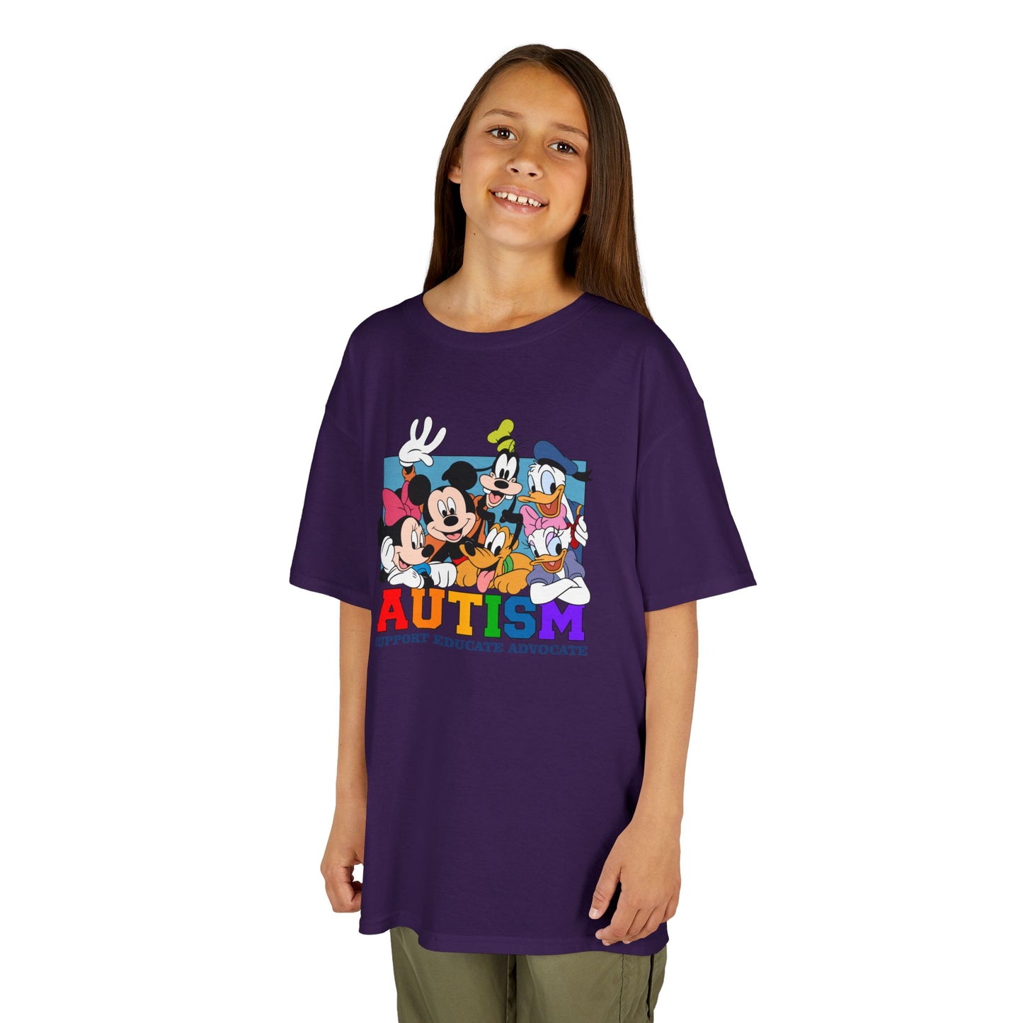Kids Autism Awareness T-Shirt — Support, Educate, Advocate (Rainbow Letters)