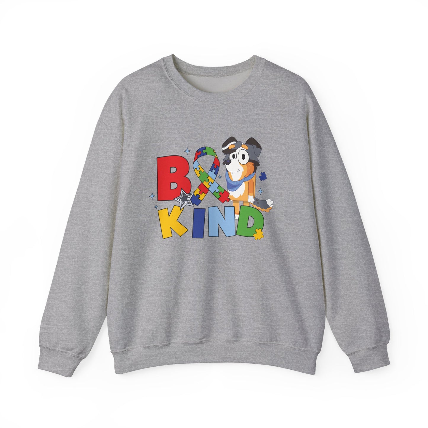 Be Kind Crewneck Sweatshirt — Autism Awareness Puzzle Ribbon Dog Design