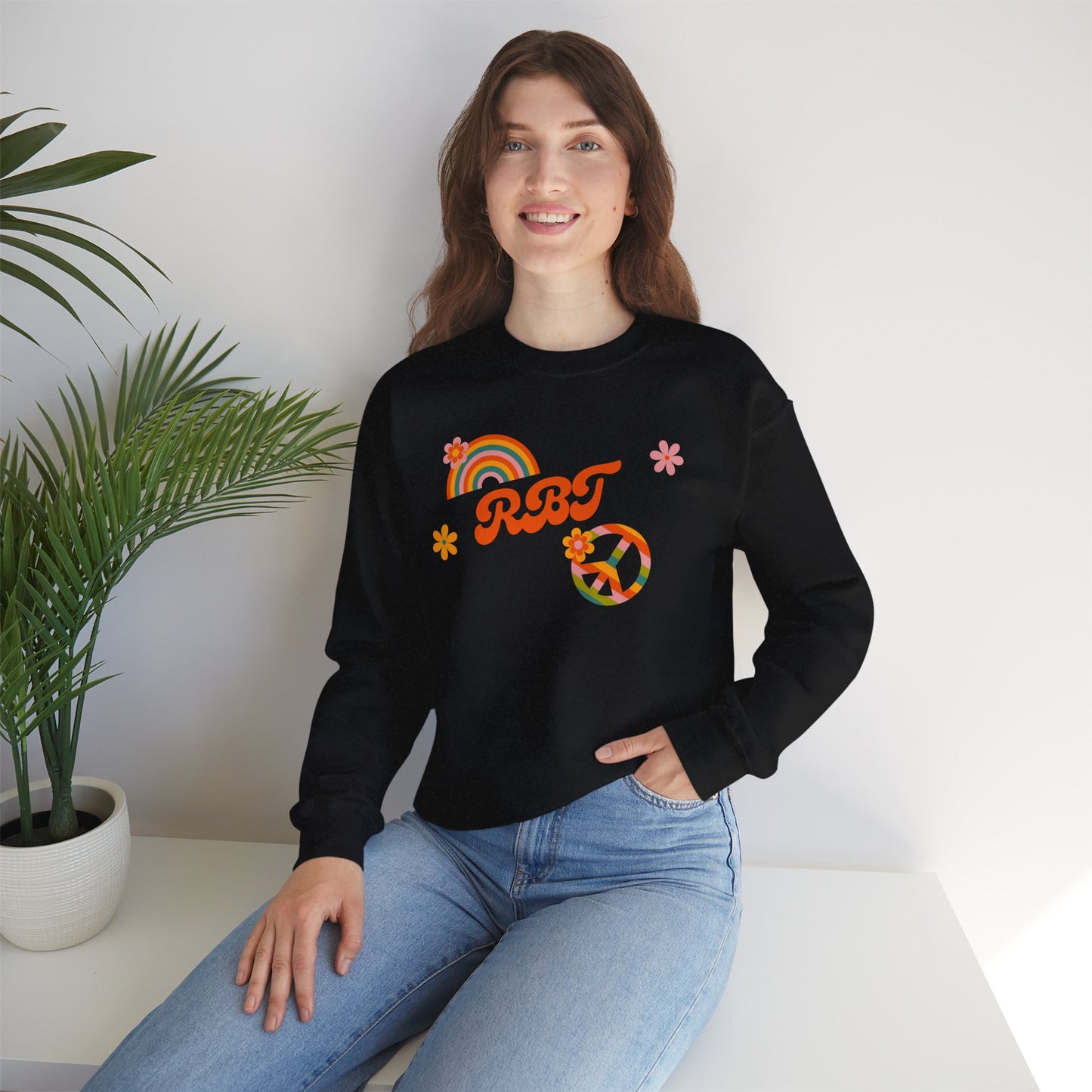 Retro Peace Rainbow Crewneck Sweatshirt — RBT Floral Groovy Design