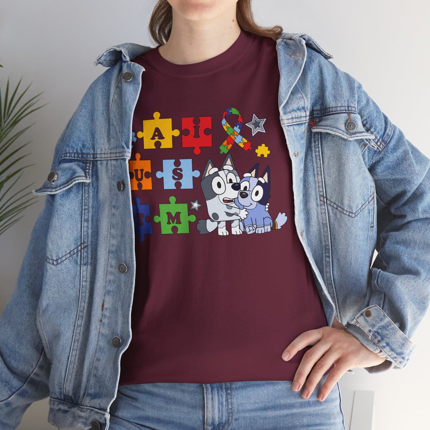 Autism Awareness Puzzle Pieces T-Shirt with Cute Husky & Ribbon