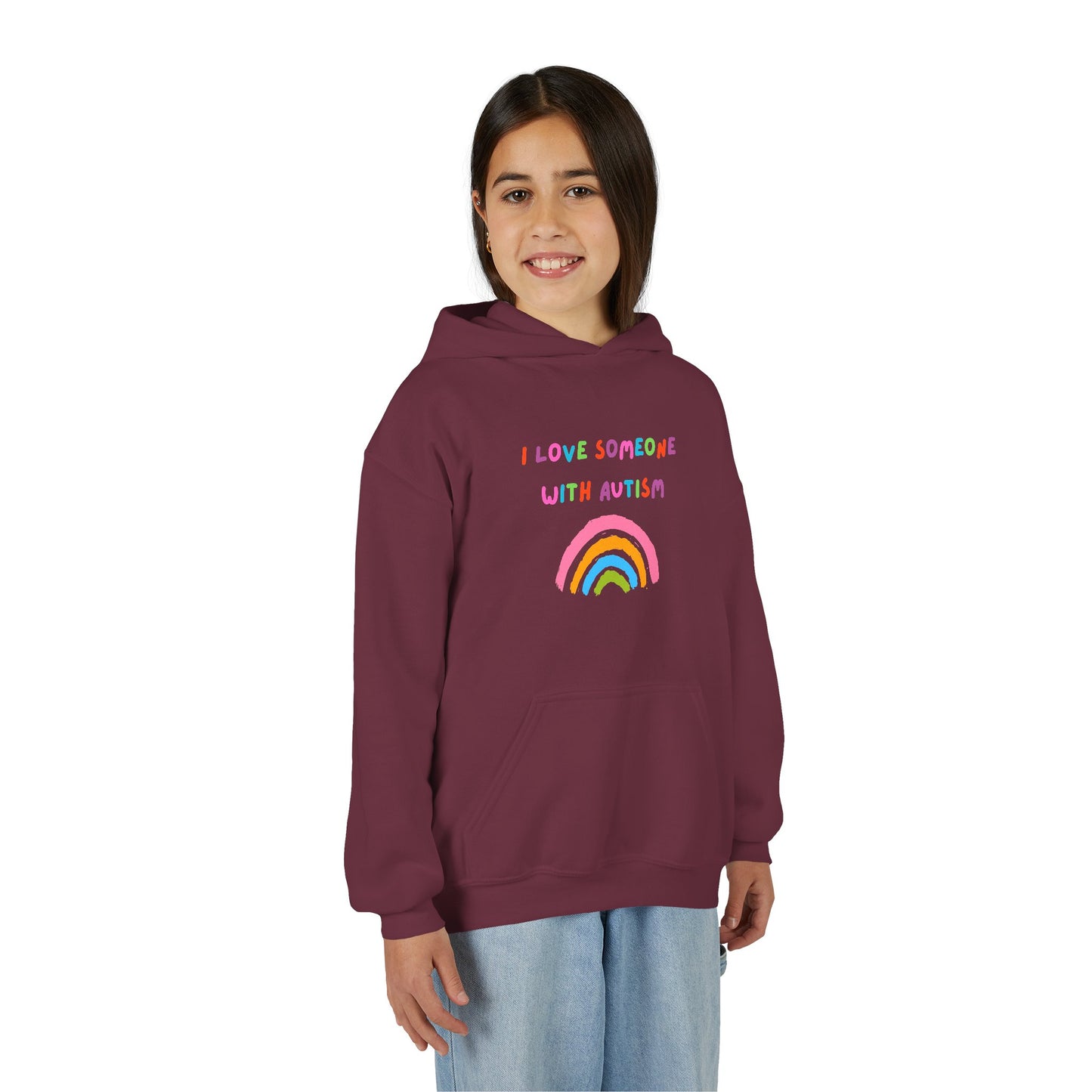 Youth Hoodie — "I Love Someone With Autism" Rainbow Support Sweatshirt