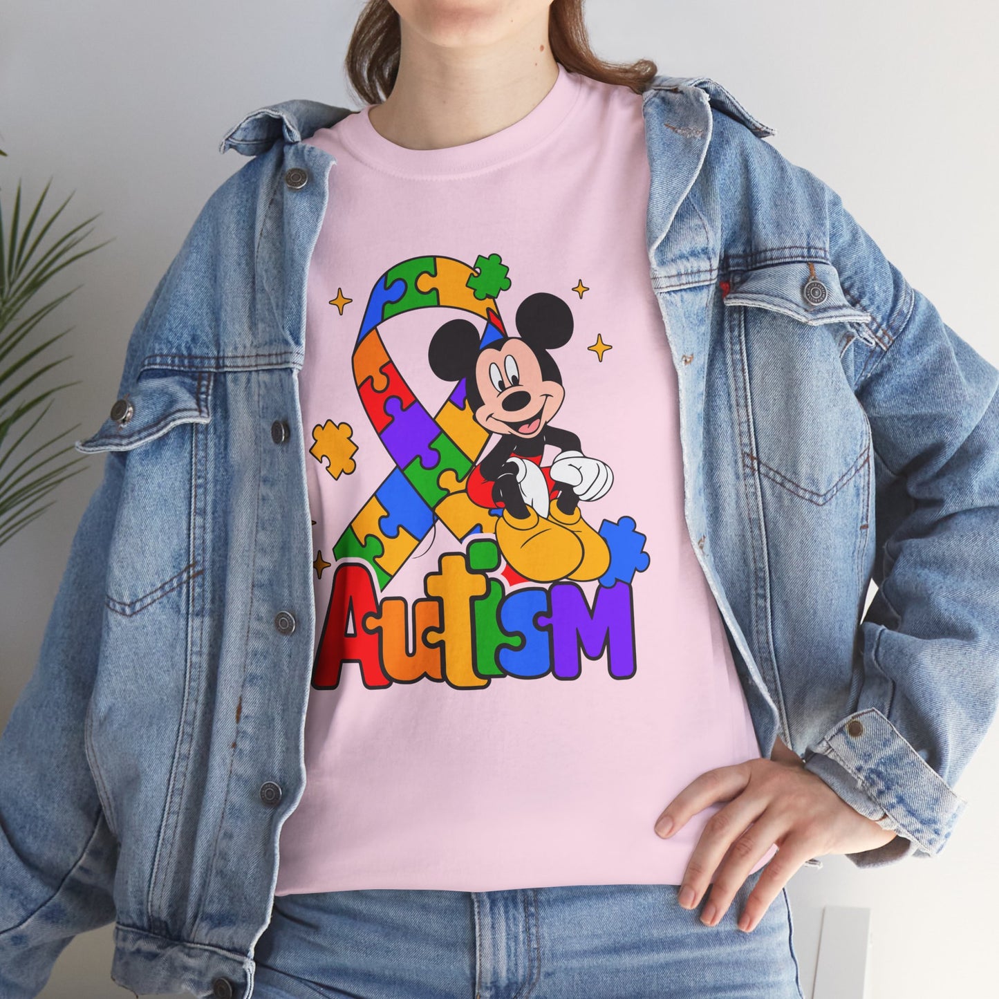Autism Awareness Tee — Colorful Puzzle Ribbon & Cartoon Mouse Design