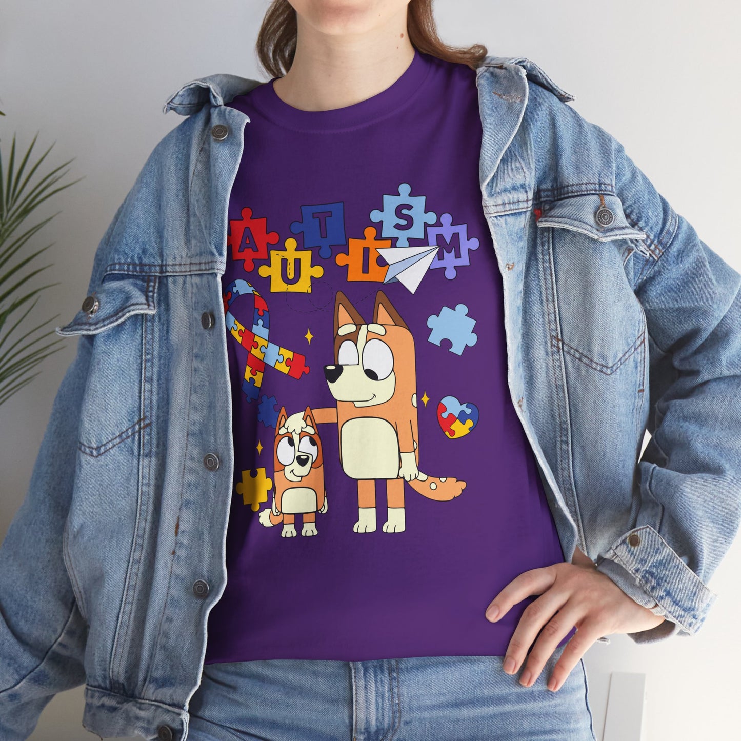Autism Awareness Puzzle Ribbon Tee — Cute Red Dog Family Design