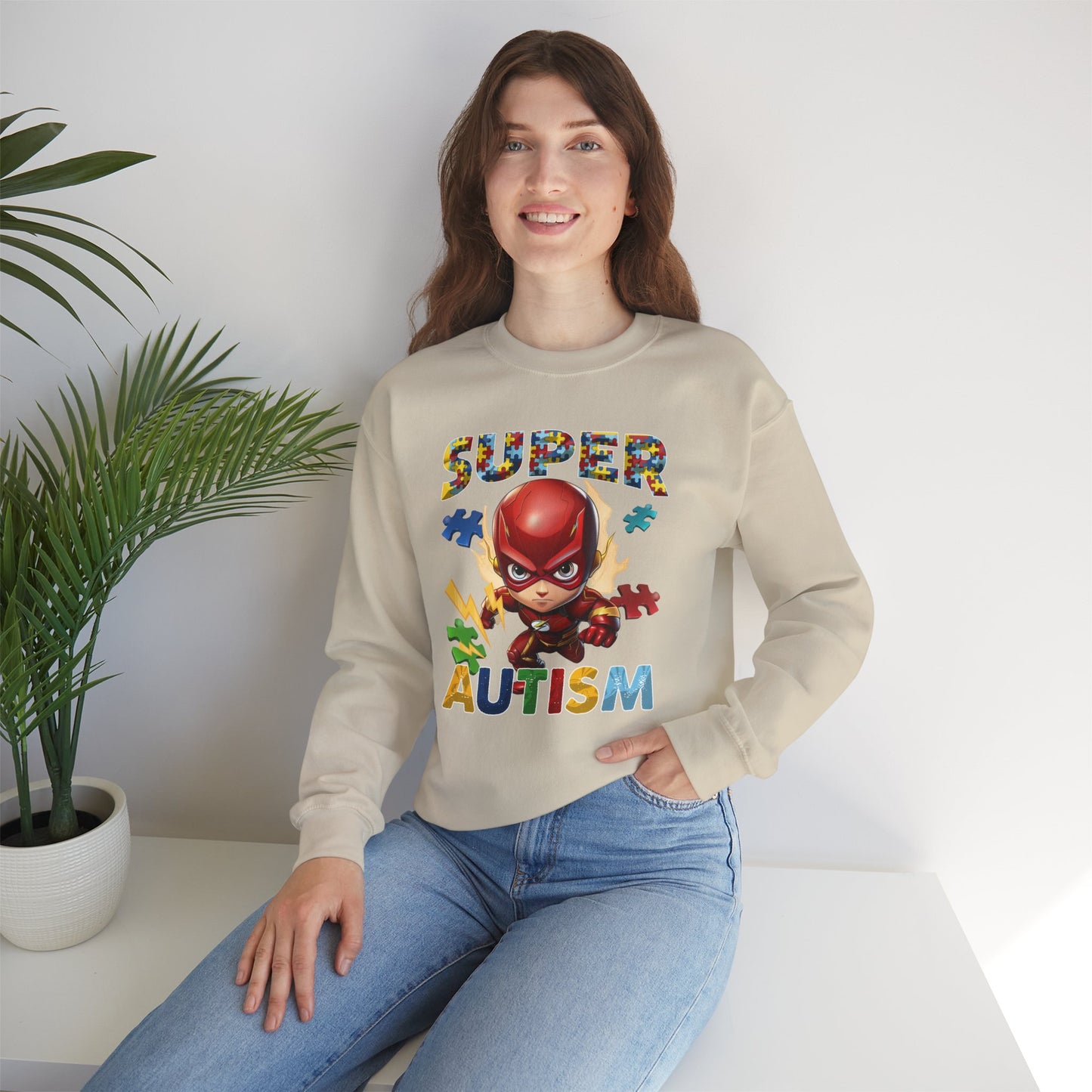 Autism Superhero Sweatshirt — Colorful Puzzle Piece Awareness Crewneck