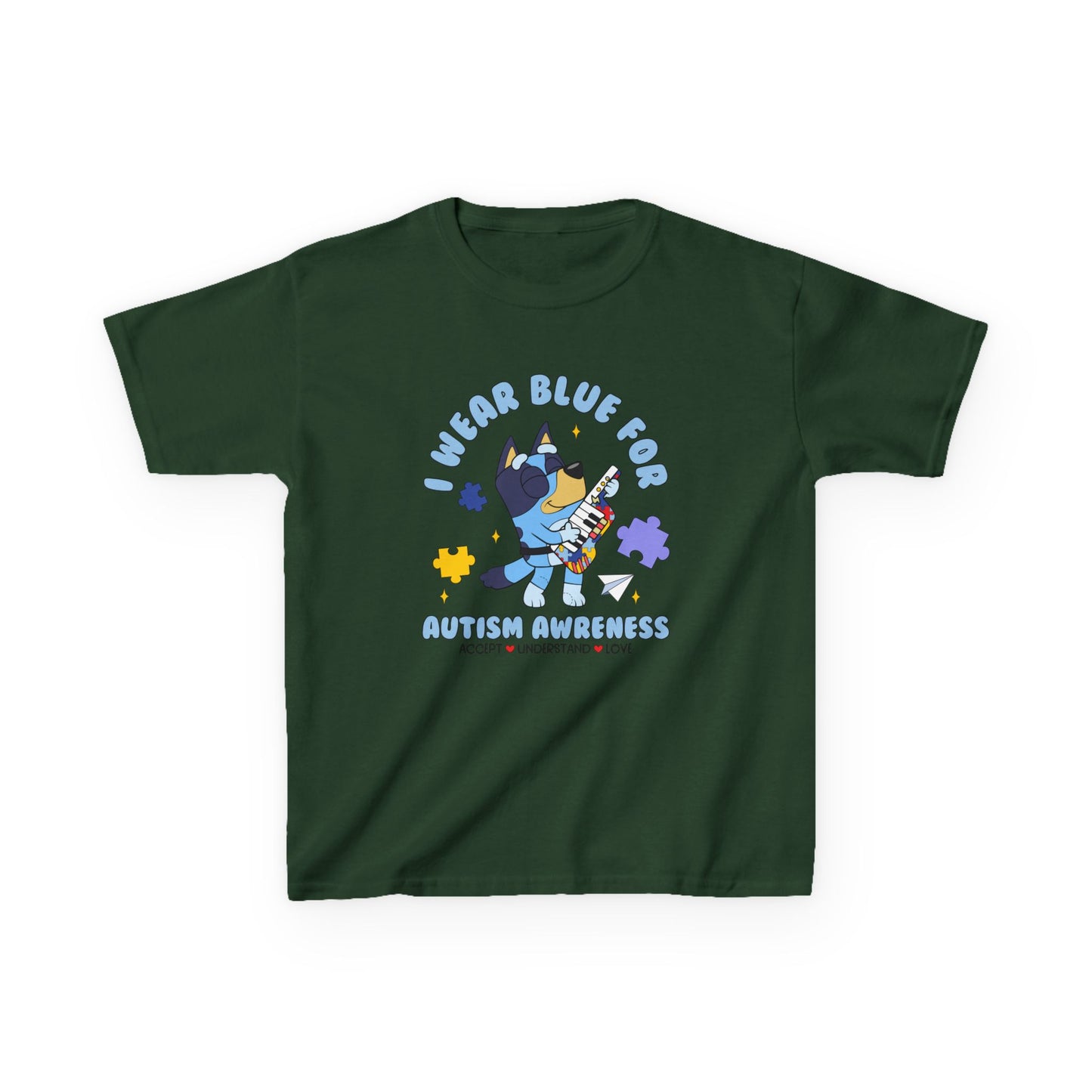 Kids Tee — 'I Wear Blue for Autism Awareness' Cute Puzzle-Heart Design