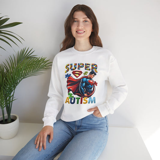 Autism Awareness Crewneck Sweatshirt – "Super Autism" Puzzle-Print Superhero Design