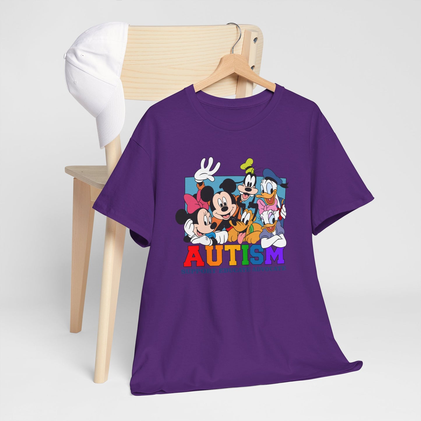 Autism Awareness T-Shirt — "AUTISM: Support Educate Advocate" with Cartoon Characters
