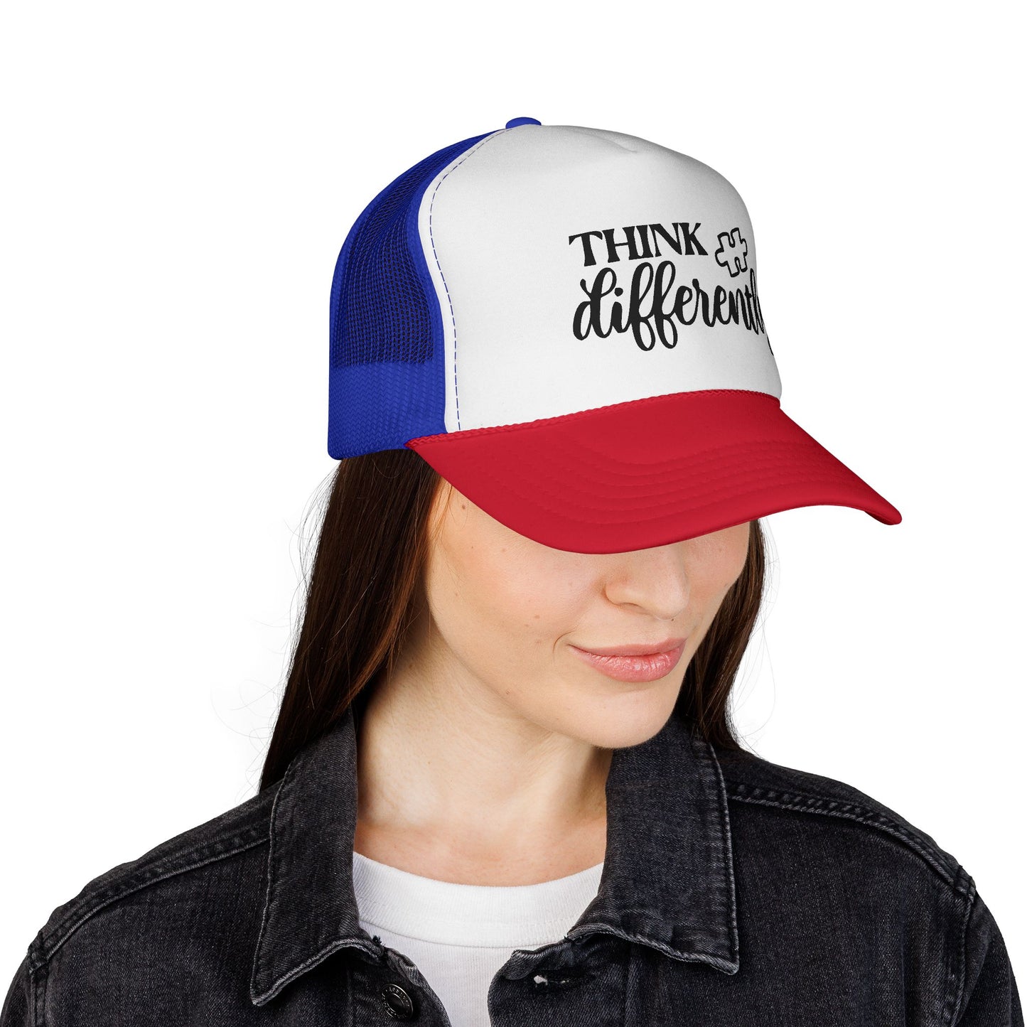 Think Differently Trucker Hat — Inspirational Puzzle Piece Cap