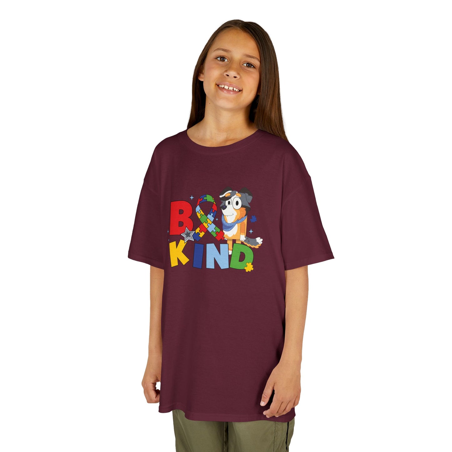 Kids Tee — "Be Kind" Colorful Autism Awareness Ribbon Design