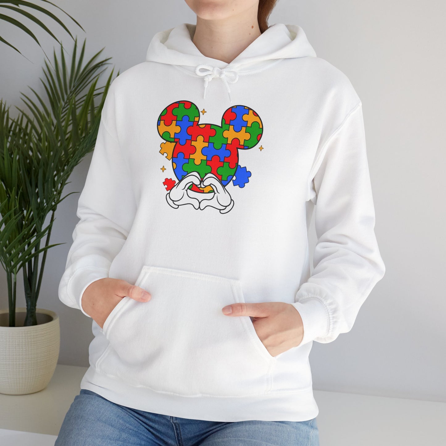 Autism Puzzle Mouse Hoodie — Colorful Puzzle Piece Mickey Silhouette Sweatshirt